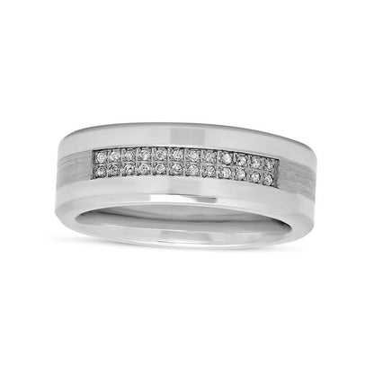 Men's 0.13 CT. T.W. Natural Diamond Double Row Satin Inlay Comfort-Fit Wedding Band in Stainless Steel and Cobalt (1 Line)