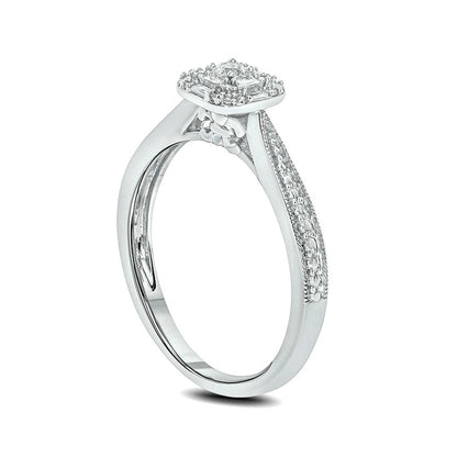 0.17 CT. T.W. Composite Natural Diamond Cushion Frame Antique Vintage-Style Promise Ring in Sterling Silver