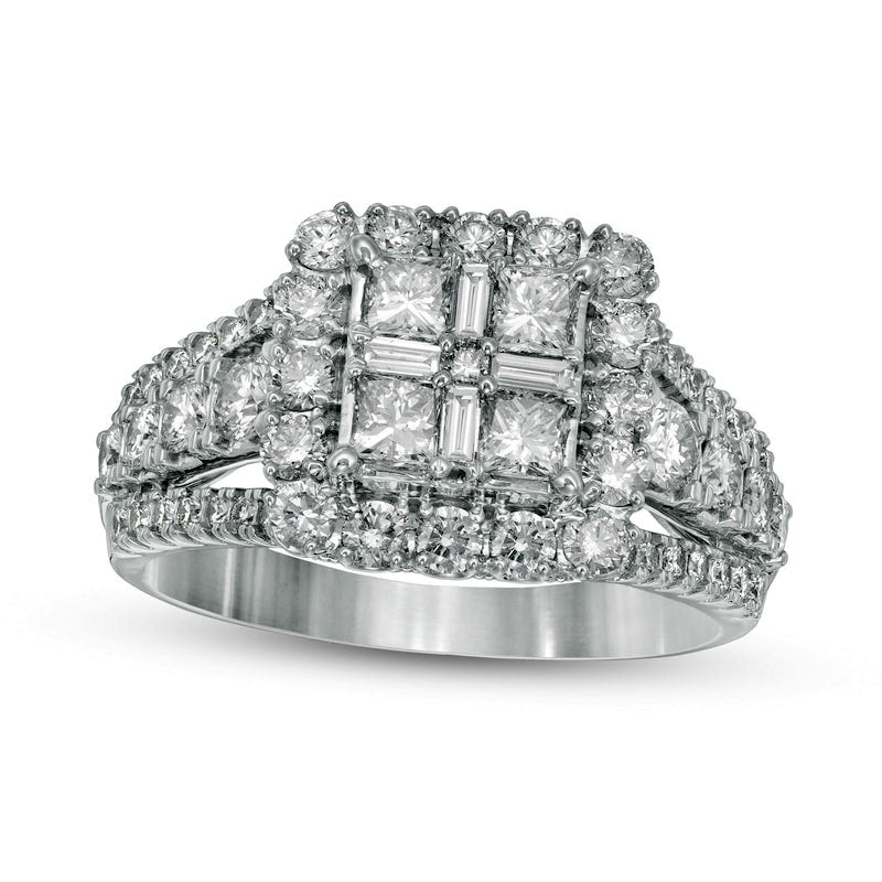1.5 CT. T.W. Composite Natural Diamond Cushion Frame Antique Vintage-Style Engagement Ring in Solid 14K White Gold