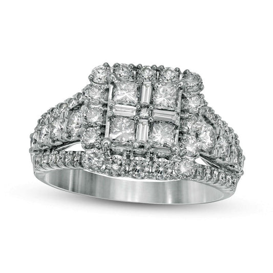 1.5 CT. T.W. Composite Natural Diamond Cushion Frame Antique Vintage-Style Engagement Ring in Solid 14K White Gold