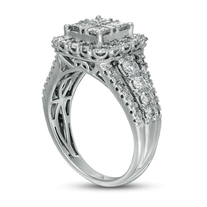 1.5 CT. T.W. Composite Natural Diamond Cushion Frame Antique Vintage-Style Engagement Ring in Solid 14K White Gold