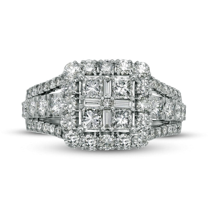 1.5 CT. T.W. Composite Natural Diamond Cushion Frame Antique Vintage-Style Engagement Ring in Solid 14K White Gold