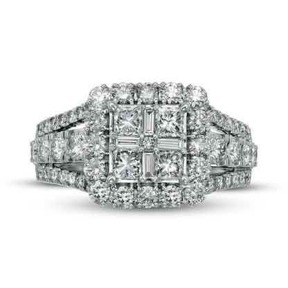 1.5 CT. T.W. Composite Natural Diamond Cushion Frame Antique Vintage-Style Engagement Ring in Solid 14K White Gold