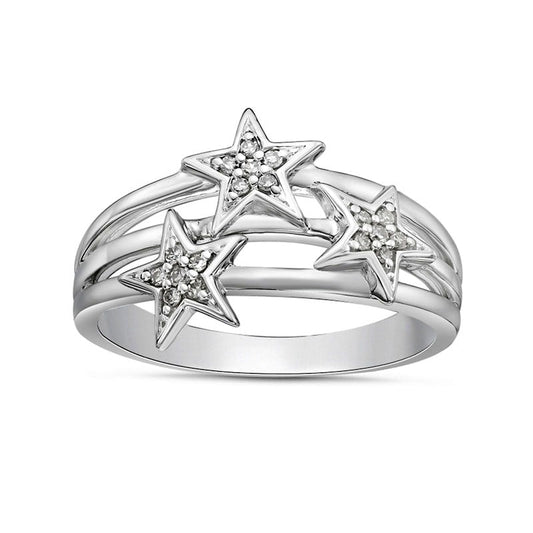 0.07 CT. T.W. Natural Diamond Triple Stars Multi-Row Split Shank Ring in Sterling Silver