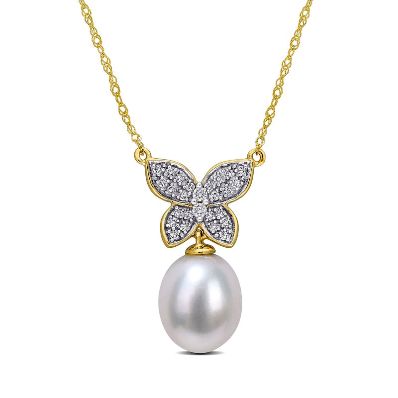 9.0-10.0mm Baroque Cultured Freshwater Pearl Drop and 0.13 CT. T.W. Natural Diamond Butterfly Necklace in 10K Yellow Gold - 17