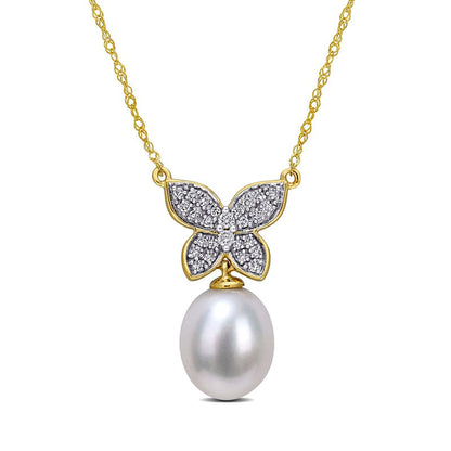 9.0-10.0mm Baroque Cultured Freshwater Pearl Drop and 0.13 CT. T.W. Natural Diamond Butterfly Necklace in 10K Yellow Gold - 17
