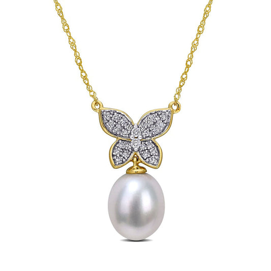 9.0-10.0mm Baroque Cultured Freshwater Pearl Drop and 0.13 CT. T.W. Natural Diamond Butterfly Necklace in 10K Yellow Gold - 17