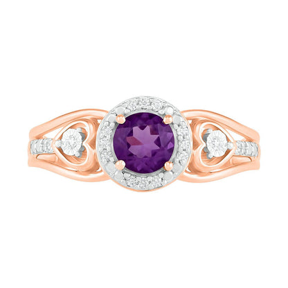 5.0mm Amethyst and 0.05 CT. T.W. Natural Diamond Frame Heart-Sides Split Shank Ring in Solid 10K Rose Gold
