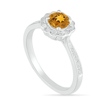 5.2mm Citrine and White Lab-Created Sapphire Frame Tapered Shank Flower Ring in Sterling Silver