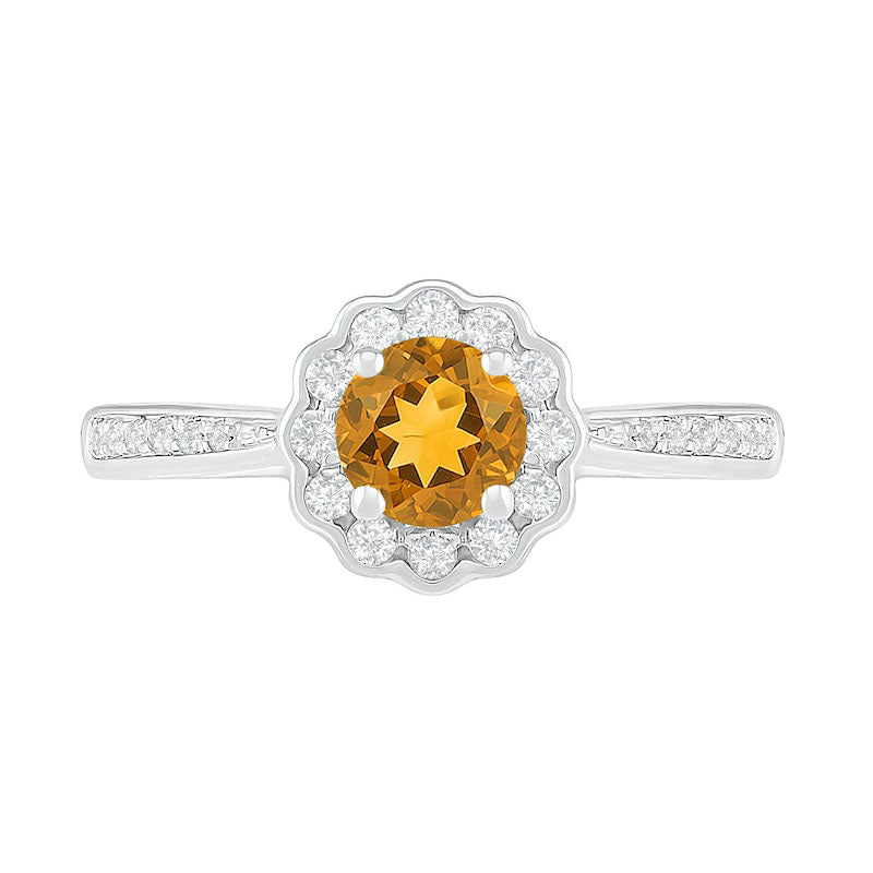 5.2mm Citrine and White Lab-Created Sapphire Frame Tapered Shank Flower Ring in Sterling Silver