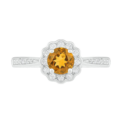 5.2mm Citrine and White Lab-Created Sapphire Frame Tapered Shank Flower Ring in Sterling Silver