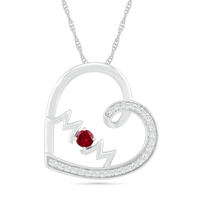 3.0mm Lab-Created Ruby and White Sapphire MOM" Tilted Loop Heart Pendant in Sterling Silver"
