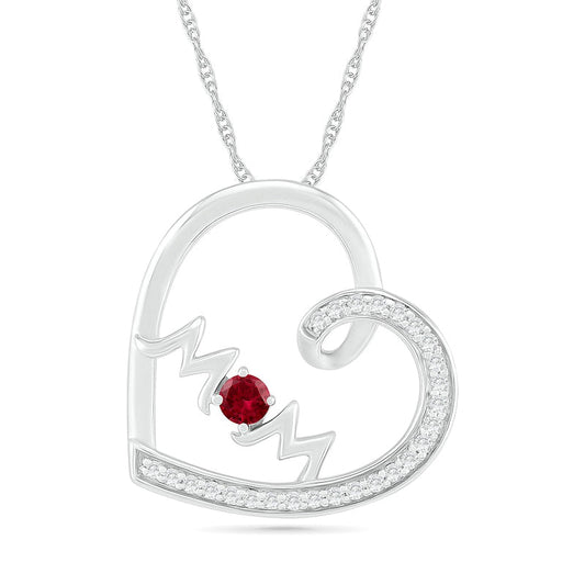 3.0mm Lab-Created Ruby and White Sapphire MOM" Tilted Loop Heart Pendant in Sterling Silver"