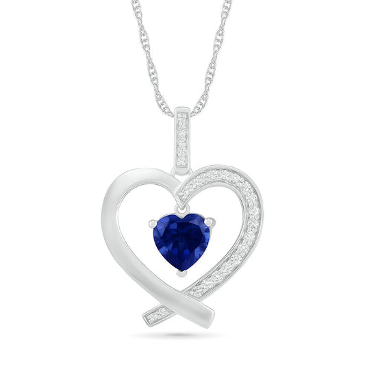 7.0mm Lab-Created Blue and White Sapphire Ribbon Heart Pendant in Sterling Silver