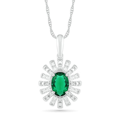 Oval Lab-Created Emerald and 0.07 CT. T.W. Diamond Starburst Frame Pendant in Sterling Silver