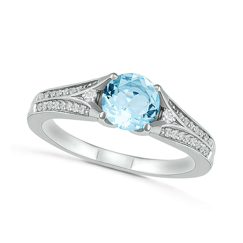 6.0mm Aquamarine and Lab-Created White Sapphire Split Shank Ring in Sterling Silver