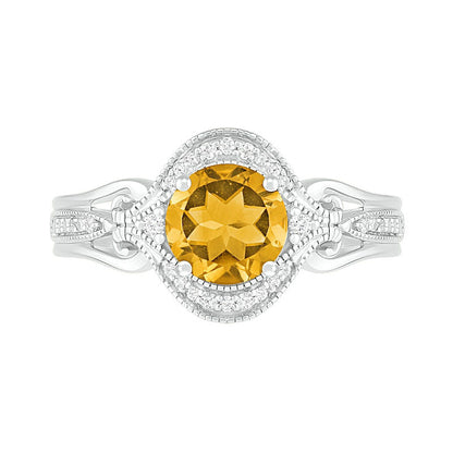 7.0mm Citrine and 0.10 CT. T.W. Natural Diamond Scroll Frame Split Shank Antique Vintage-Style Ring in Sterling Silver