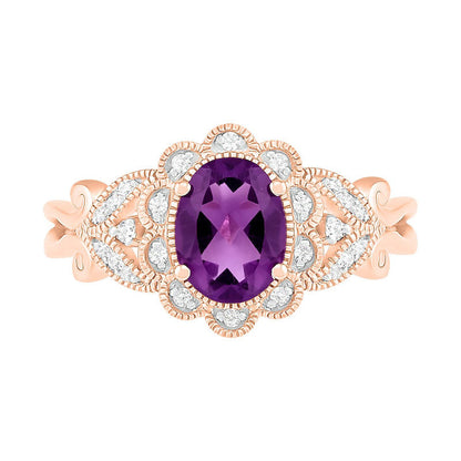 Oval Amethyst and 0.10 CT. T.W. Natural Diamond Scallop Frame Leaf-Sides Antique Vintage-Style Flower Ring in Solid 10K Rose Gold