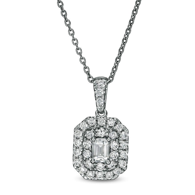 0.5 CT. T.W. Certified Emerald-Cut Lab-Created Diamond Octagonal Double Frame Pendant in 14K White Gold (F/SI2)