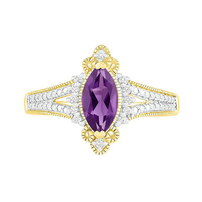 Marquise Amethyst and 0.07 CT. T.W. Natural Diamond Beaded Ornate Frame Split Shank Antique Vintage-Style Ring in Solid 10K Yellow Gold