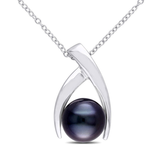9.5-10.0mm Black Cultured Tahitian Pearl Wishbone Pendant in Sterling Silver