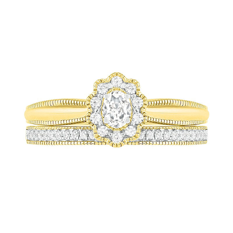 0.33 CT. T.W. Oval Natural Diamond Scallop Frame Antique Vintage-Style Bridal Engagement Ring Set in Solid 10K Yellow Gold