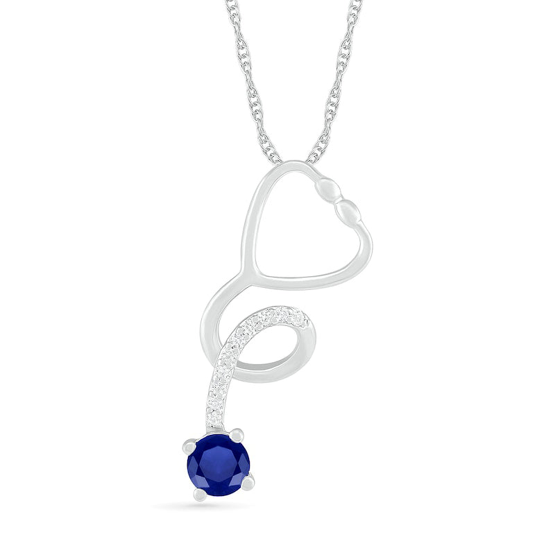 3.0mm Lab-Created Blue and White Sapphire Tilted Loop Stethoscope Pendant in Sterling Silver