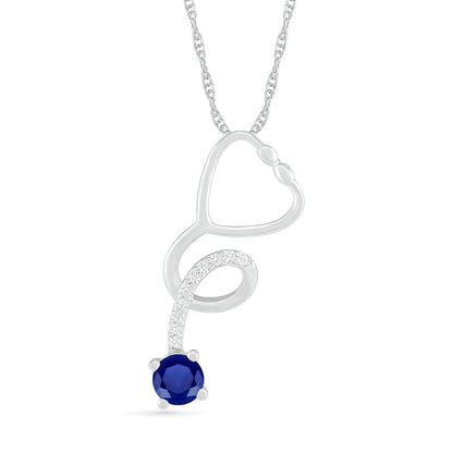3.0mm Lab-Created Blue and White Sapphire Tilted Loop Stethoscope Pendant in Sterling Silver
