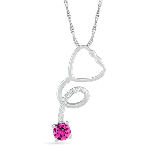 3.0mm Lab-Created Pink and White Sapphire Tilted Loop Stethoscope Pendant in Sterling Silver