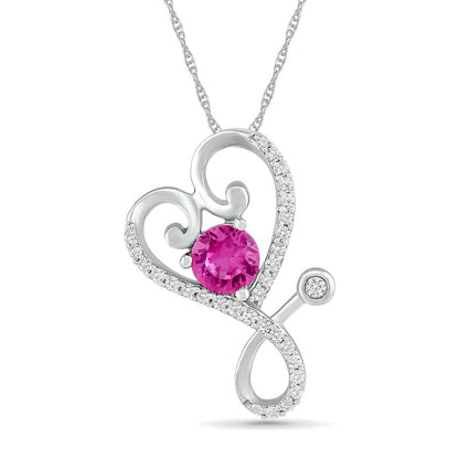 4.0mm Lab-Created Pink and White Sapphire Tilted Loop Heart Stethoscope Pendant in Sterling Silver