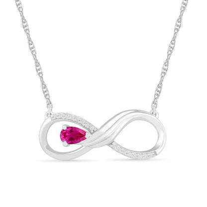 Pear-Shaped Lab-Created Pink Sapphire and 0.05 CT. T.W. Diamond Winged Infinity Necklace in Sterling Silver