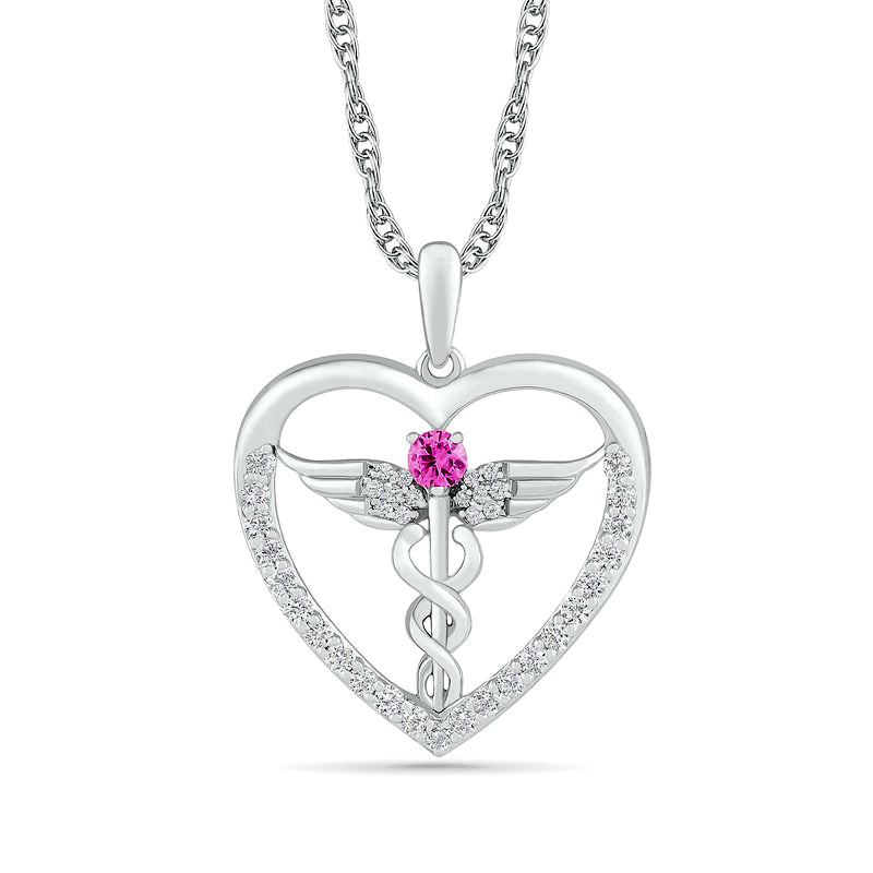 3.0mm Lab-Created Pink and White Sapphire Caduceus Heart Outline Pendant in Sterling Silver