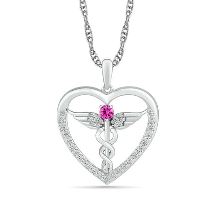 3.0mm Lab-Created Pink and White Sapphire Caduceus Heart Outline Pendant in Sterling Silver