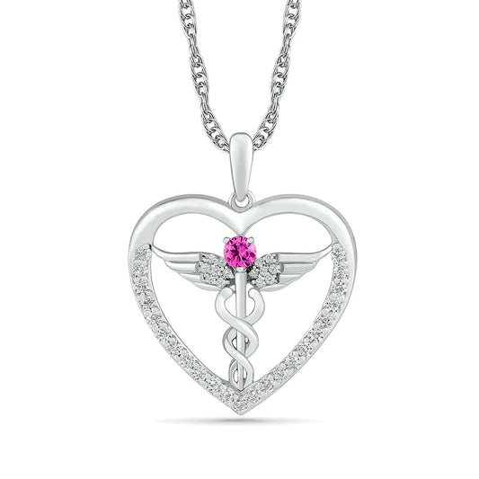 3.0mm Lab-Created Pink and White Sapphire Caduceus Heart Outline Pendant in Sterling Silver