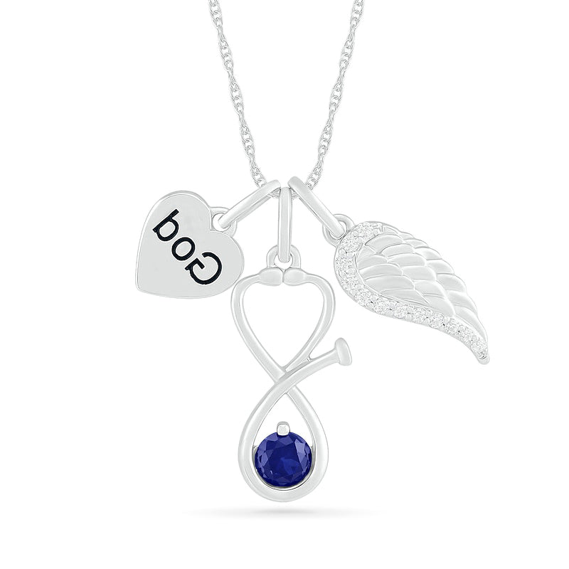 4.0mm Lab-Created Blue and White Sapphire Stethoscope, Wing and God" Heart Disc Charm Pendant in Sterling Silver"