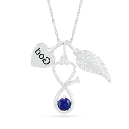 4.0mm Lab-Created Blue and White Sapphire Stethoscope, Wing and God" Heart Disc Charm Pendant in Sterling Silver"