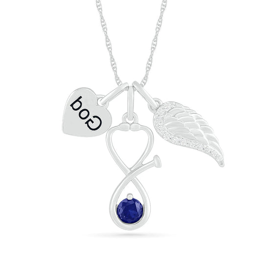 4.0mm Lab-Created Blue and White Sapphire Stethoscope, Wing and God" Heart Disc Charm Pendant in Sterling Silver"