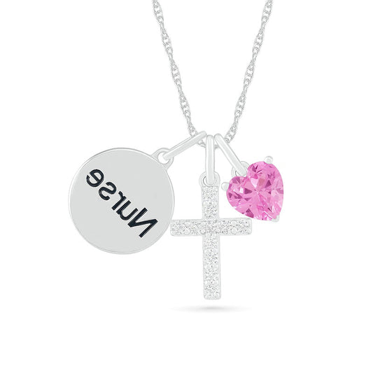 5.0mm Lab-Created Pink and White Sapphire Cross and Nurse" Disc Charm Pendant in Sterling Silver"