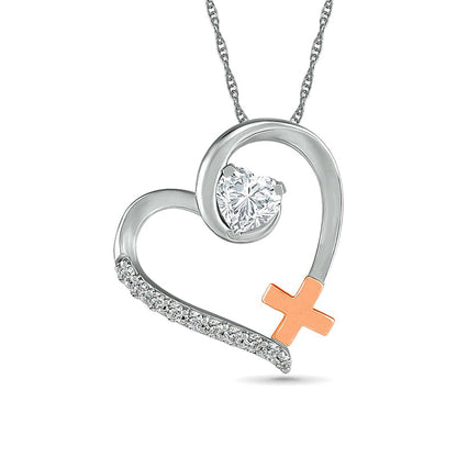 4.0mm Lab-Created White Sapphire Tilted Loop Heart Outline with Greek Cross Pendant in Sterling Silver and 10K Rose Gold