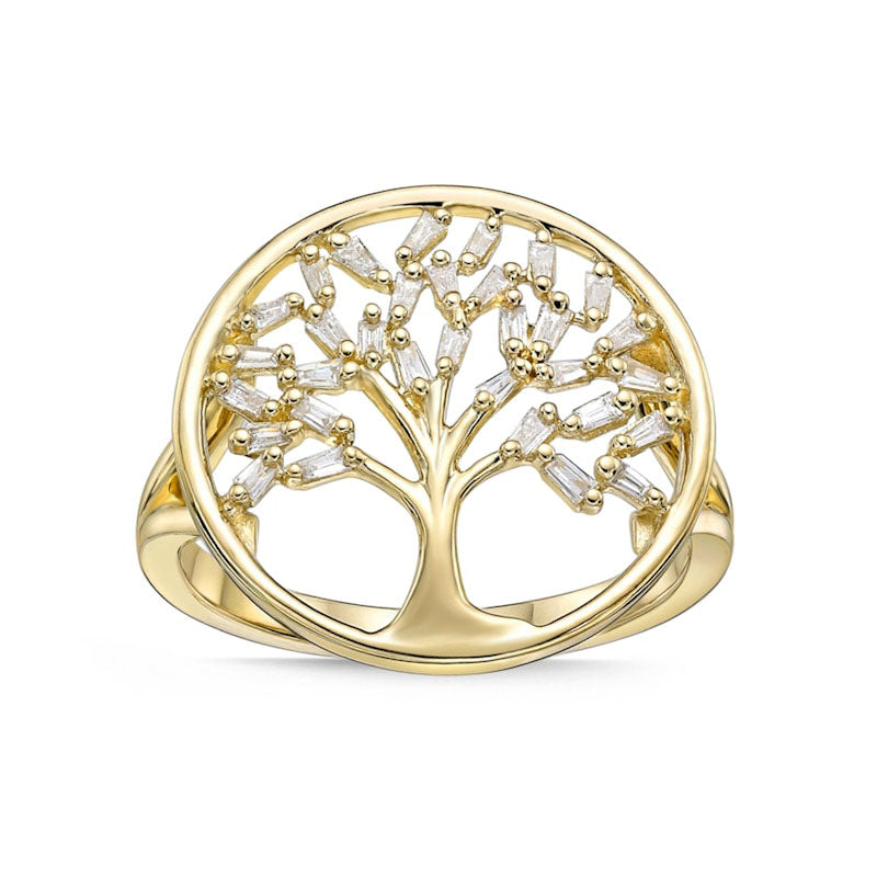 0.17 CT. T.W. Baguette Natural Diamond Tree of Life Ring in Solid 10K Yellow Gold