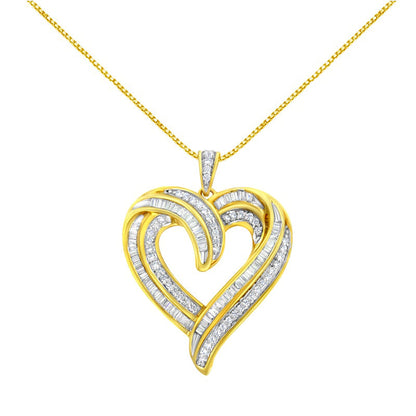 0.75 CT. T.W. Baguette and Round Natural Diamond Swirl Heart Pendant in Sterling Silver with 14K Gold Plate