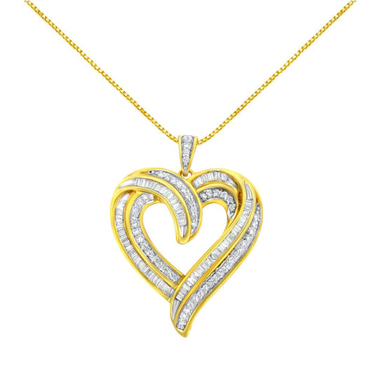 0.75 CT. T.W. Baguette and Round Natural Diamond Swirl Heart Pendant in Sterling Silver with 14K Gold Plate