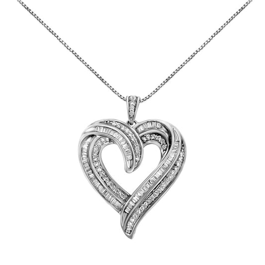0.75 CT. T.W. Baguette and Round Natural Diamond Swirl Heart Pendant in Sterling Silver
