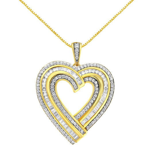 1.38 CT. T.W. Baguette and Round Natural Diamond Heart Pendant in Sterling Silver with 14K Gold Plate