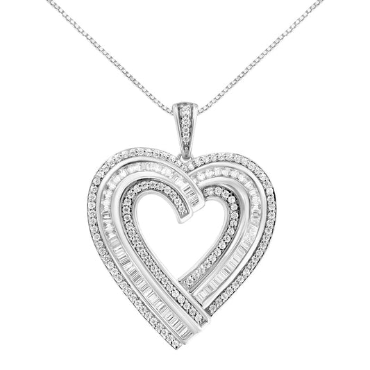 1.38 CT. T.W. Baguette and Round Natural Diamond Heart Pendant in Sterling Silver