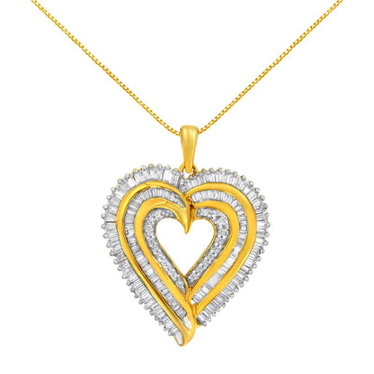 1.5 CT. T.W. Baguette and Round Natural Diamond Heart Pendant in Sterling Silver with 14K Gold Plate