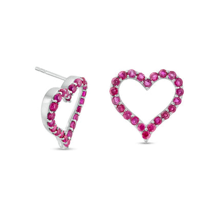 Ruby Heart Outline Stud Earrings in Sterling Silver
