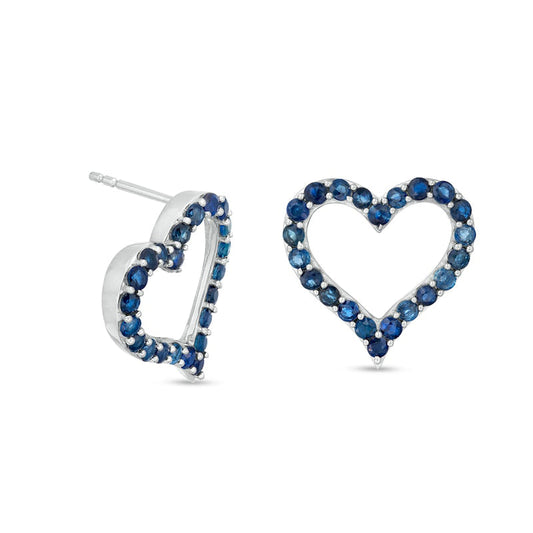 Blue Sapphire Heart Outline Stud Earrings in Sterling Silver