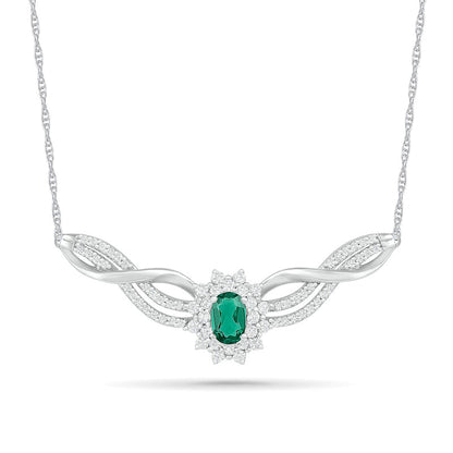 Oval Lab-Created Emerald and White Sapphire Starburst Frame Triple Row Twist Ribbon Necklace in Sterling Silver