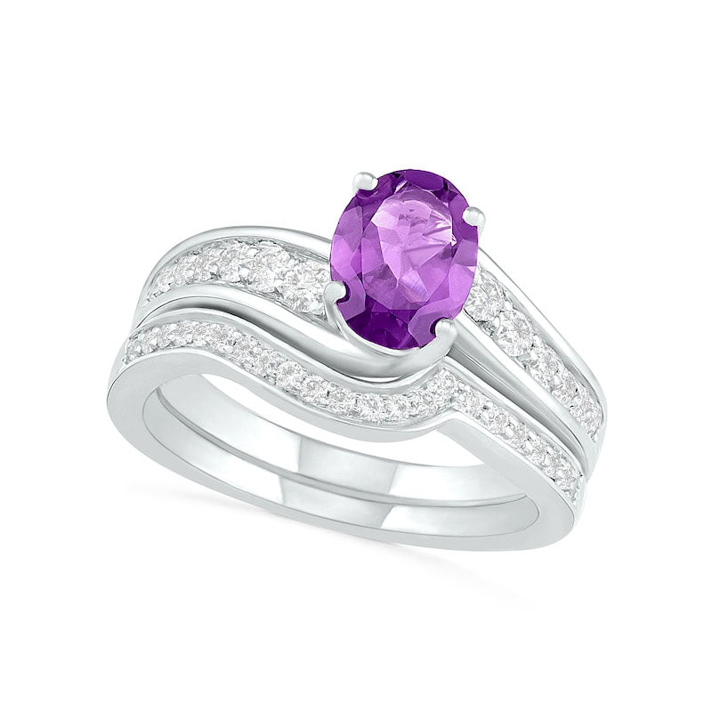 Oval Amethyst and White Lab-Created Sapphire Bypass Bridal Engagement Ring Set in Sterling Silver